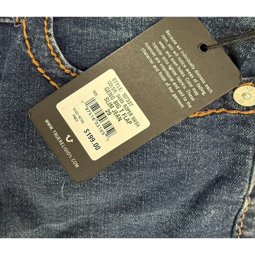 NEW True Religion Geno Big T Flap Slim Jean Men 29 Dark Roper Wash $199 Stretch